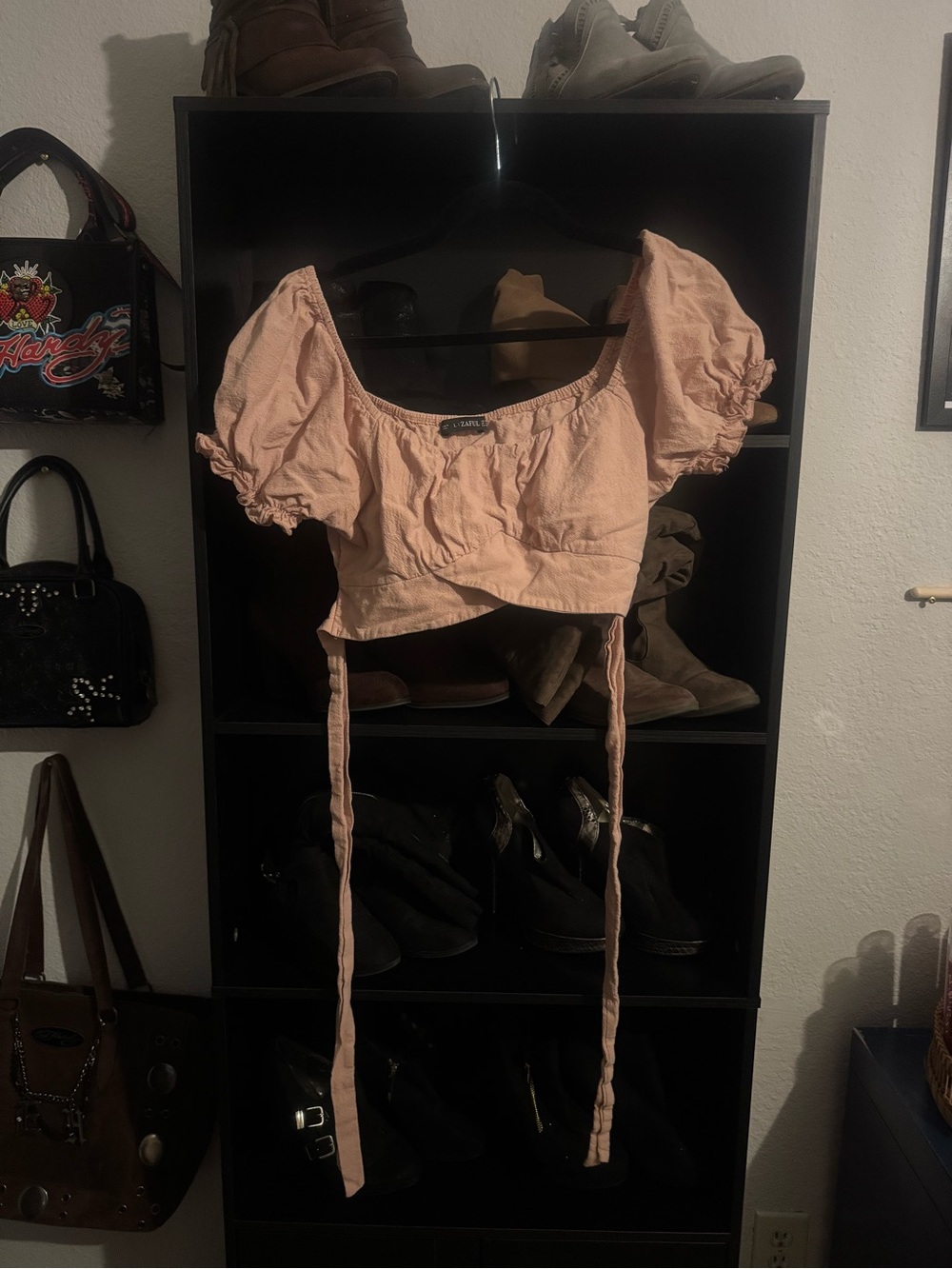 Zaful Blush Pink Puff-Sleeve Tie Crop Top